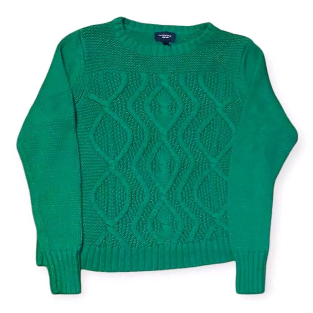 Lands' End Drifter Emerald Green Cable Knit Sweater Women's XL 100% Baumwolle